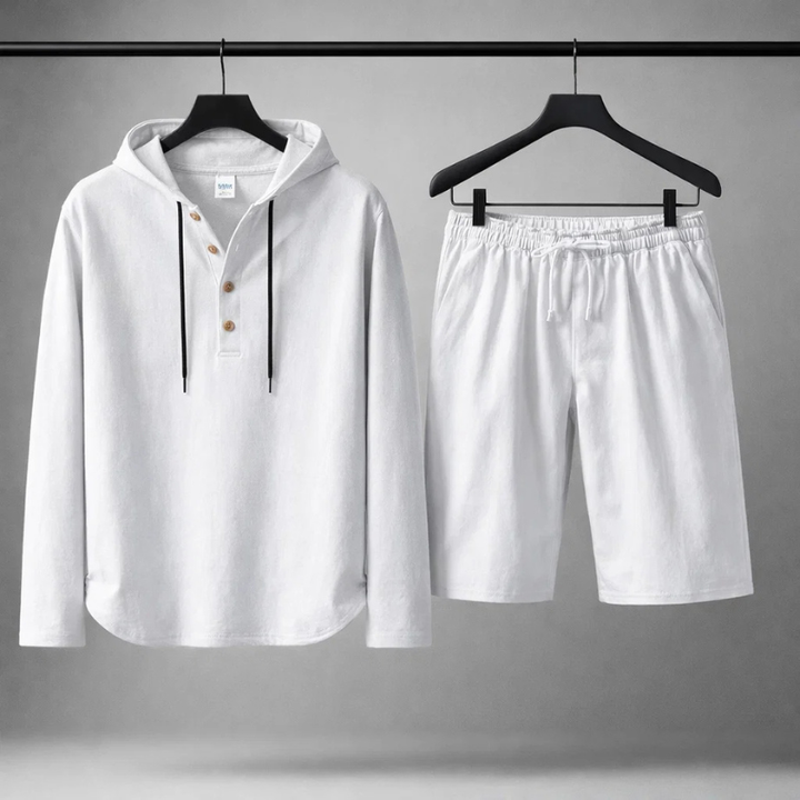 Soft, breathable men's cotton linen blend set in a relaxed fit, excellent for warm weather comfort.
