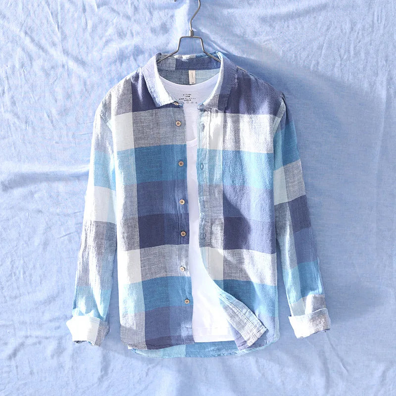 Men's relaxed fit cotton-linen button-up shirt, breathable and casual, with rollable cuffs for summer comfort.