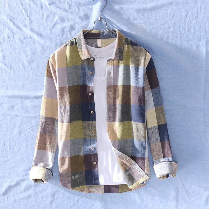 Brown men's relaxed fit cotton-linen button-up shirt featuring a subtle mixed pattern, ideal for warm weather.