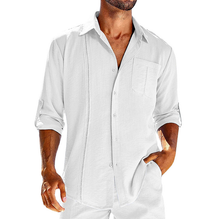 Lightweight men's Cuban style shirt, button-up, short sleeve, great for resort & summer fashion.