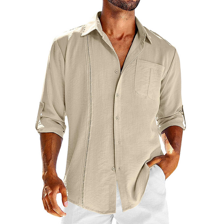 Modern men's relaxed fit Cuban button-up shirt, stylish & comfortable for summer & resort fashion.