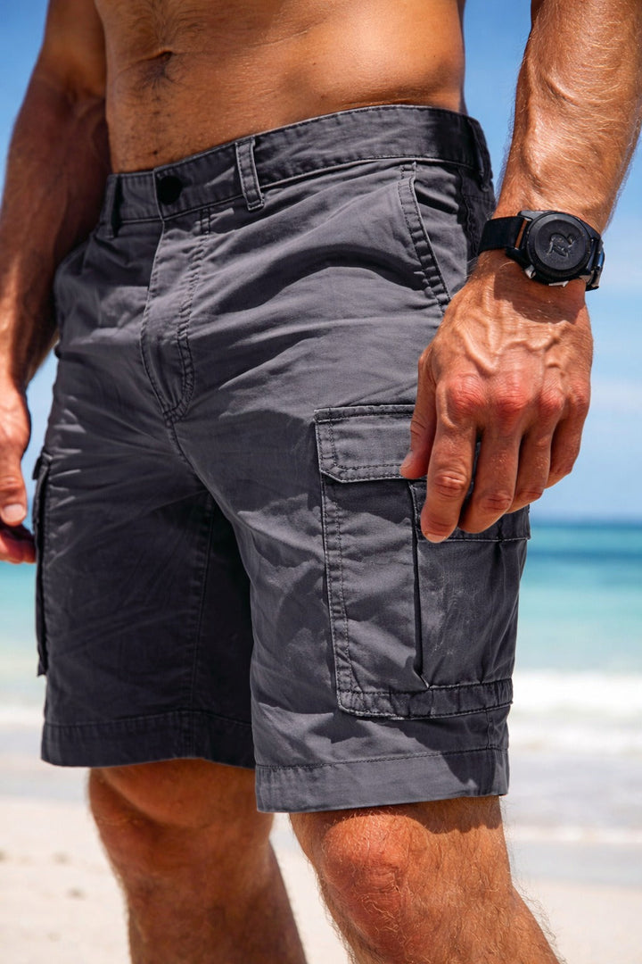 Men's relaxed fit dark gray utility cargo shorts with multi-pockets for everyday comfort & casual summer wear.