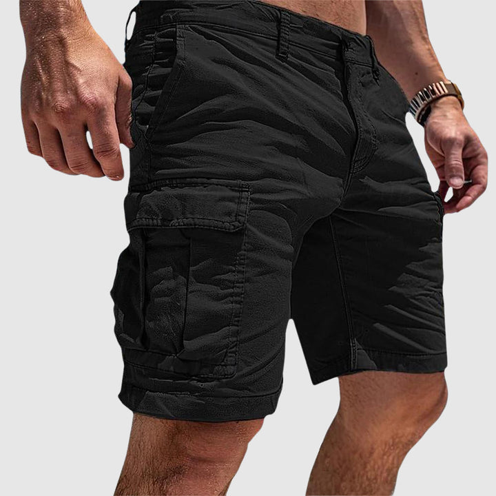 Black men's multi-pocket cargo shorts, relaxed fit, designed for everyday comfort & practical casual wear.
