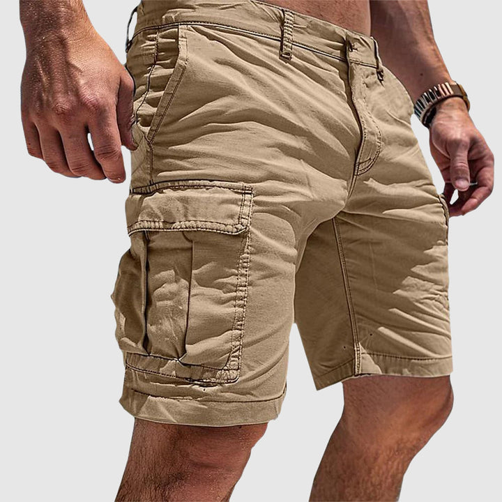 Khaki men's utility shorts, multi-pocket cargo style. Ideal for summer casual wear & comfortable outdoor apparel.