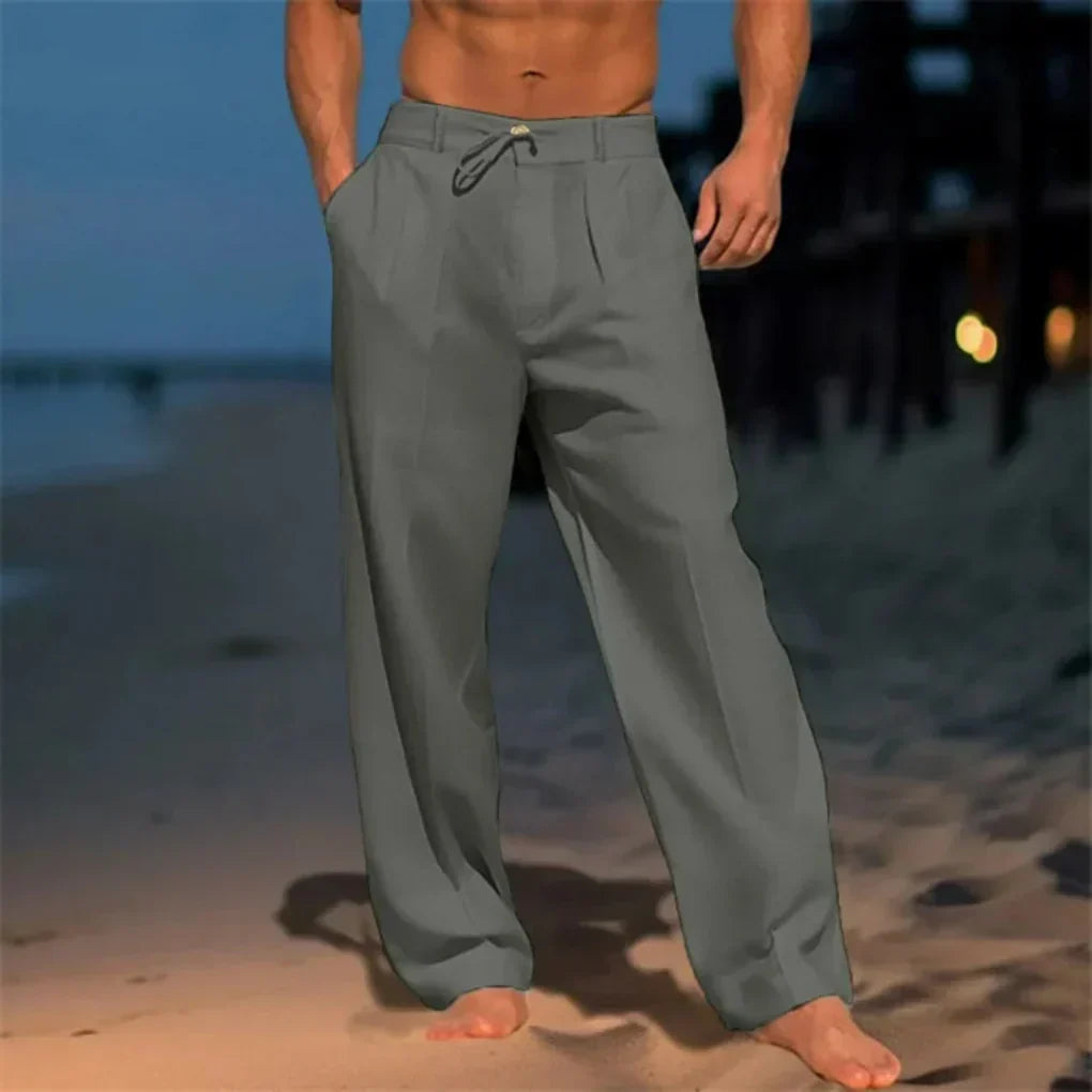 Men's relaxed fit drawstring dress pants, perfect for summer comfort and smart casual wear.