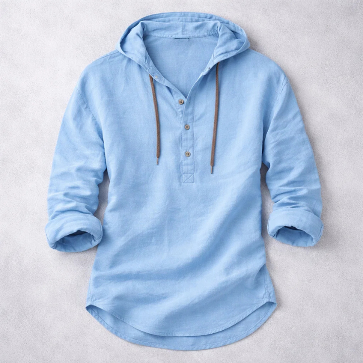Men's long sleeve button-down hoodie shirt. Relaxed fit drifter style for versatile casual fashion.
