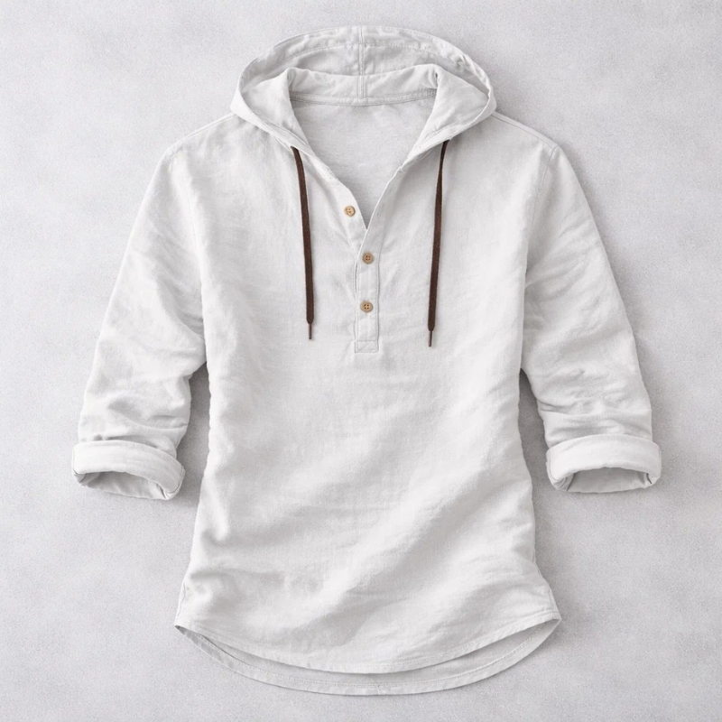 Men's relaxed fit drifter hoodie shirt. Button-down long sleeve, casual summer style & comfort.