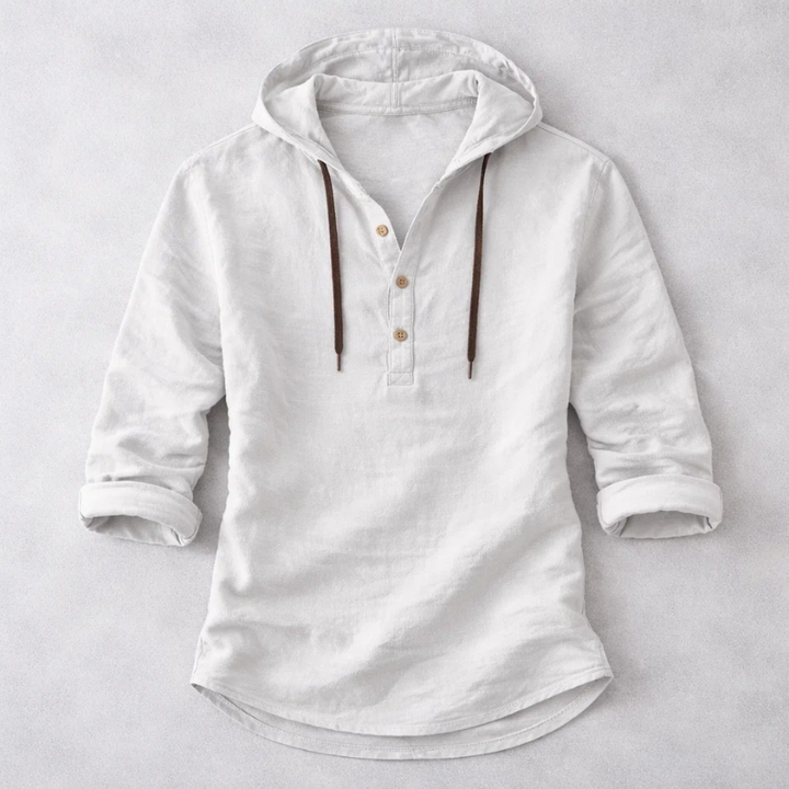 Men's relaxed fit drifter hoodie shirt. Button-down long sleeve, casual summer style & comfort.