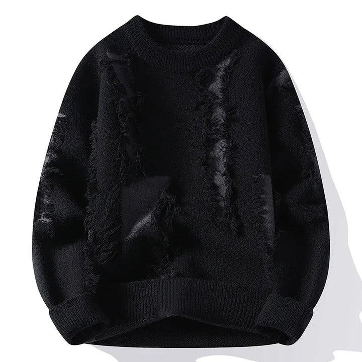 Men's relaxed fit sweater with frayed edges & contrast knit details. Cozy, long sleeve, unique streetwear fashion.