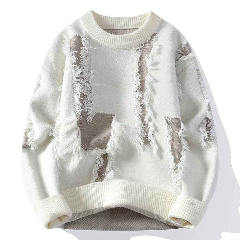 Cozy men's relaxed fit frayed contrast knit sweater. Unique long sleeve knitwear, perfect for casual streetwear.