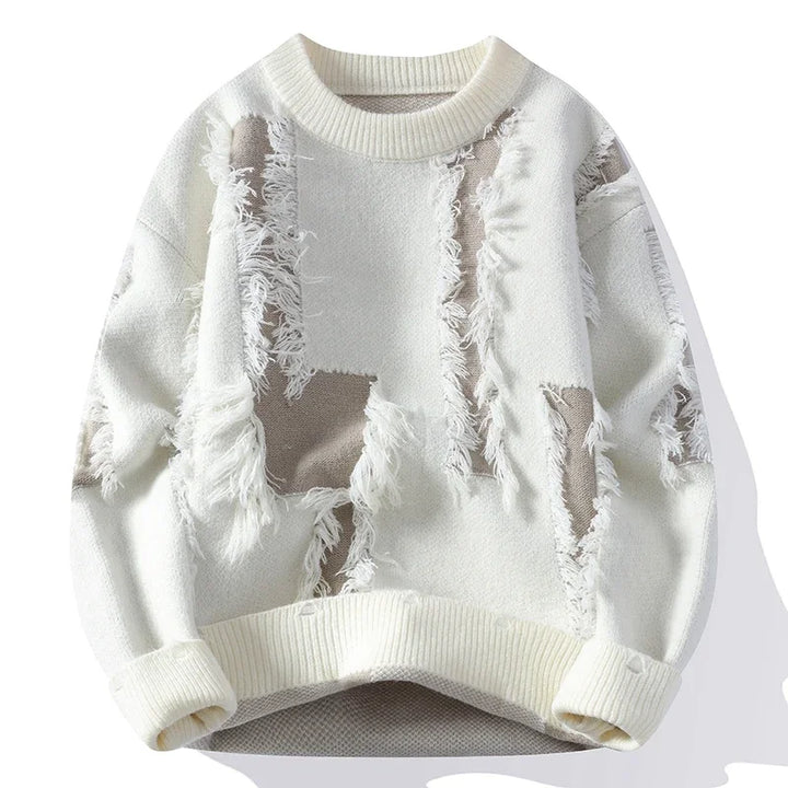 Cozy men's relaxed fit frayed contrast knit sweater. Unique long sleeve knitwear, perfect for casual streetwear.