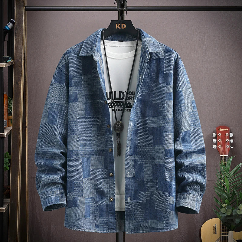 Men's relaxed fit gridlock denim shirt in blue, featuring a snap-button closure for casual style and layering.