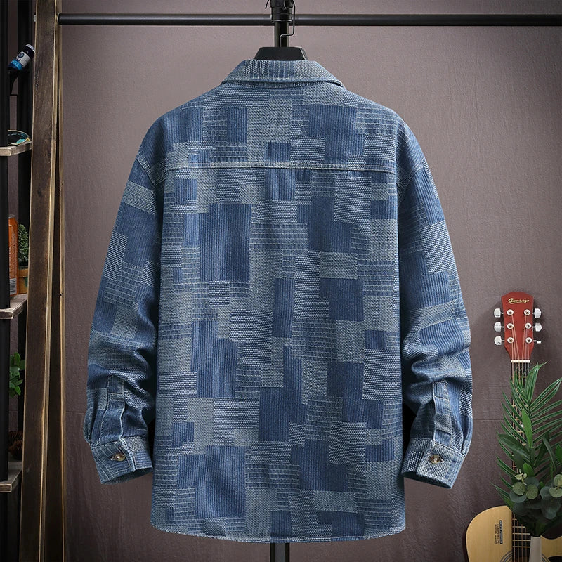 Stylish men's gridlock patchwork denim shirt, relaxed fit, perfect for versatile casual wear and men's fashion.