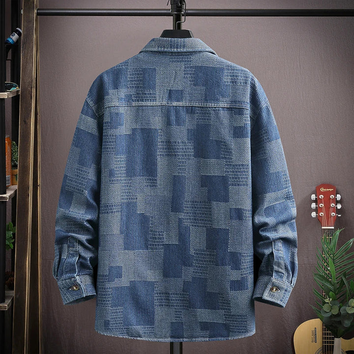 Stylish men's gridlock patchwork denim shirt, relaxed fit, perfect for versatile casual wear and men's fashion.