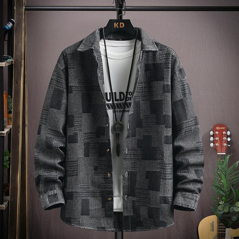 Blue or black men's relaxed fit denim shirt with unique gridlock pattern, snap buttons for an easy, modern look.