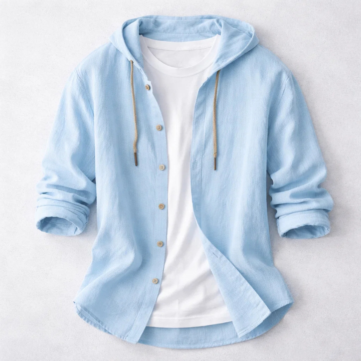 Men's relaxed fit Harrington hoodie shirt in a lightweight fabric, perfect for casual spring and summer style.