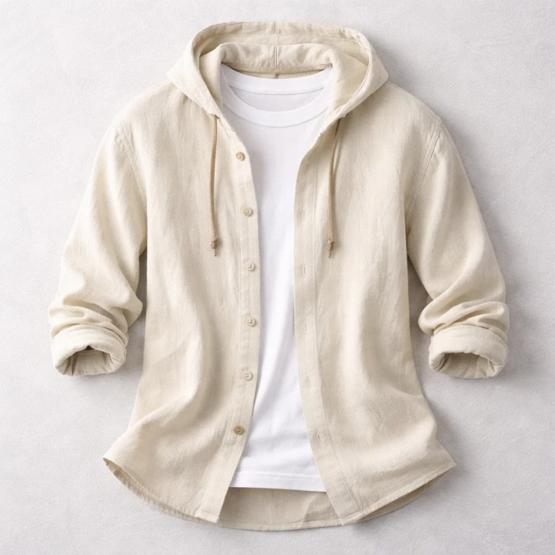 Stylish men's long-sleeve hoodie shirt, a versatile relaxed fit piece for effortless layering in spring.