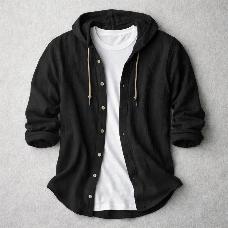 Versatile men's relaxed fit long-sleeve hoodie shirt, perfect for casual spring and summer layering.