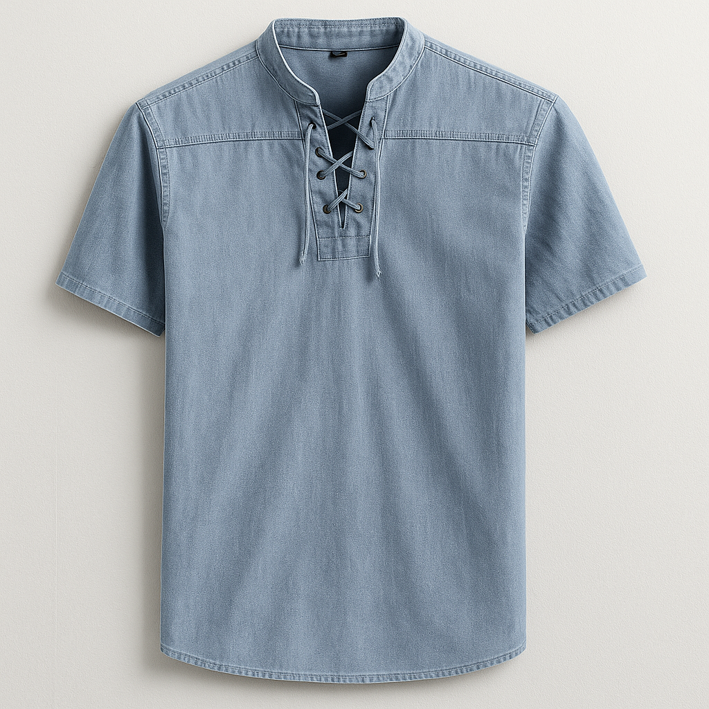 Men's relaxed fit henley shirt with lace-up collar. Comfortable long sleeve casual wear, perfect for everyday fashion.