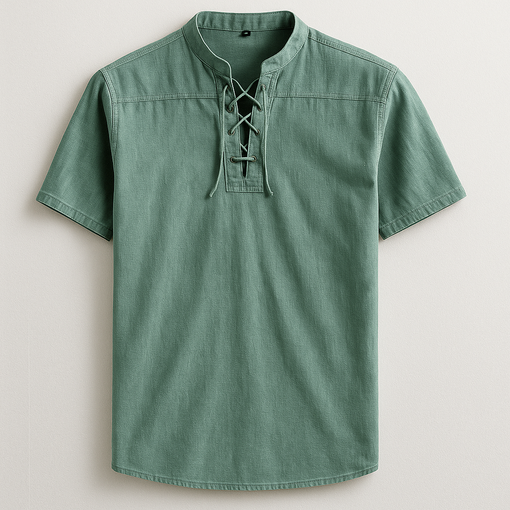 Stylish men's long sleeve henley shirt featuring a unique lace-up collar. Relaxed fit for comfortable casual wear.