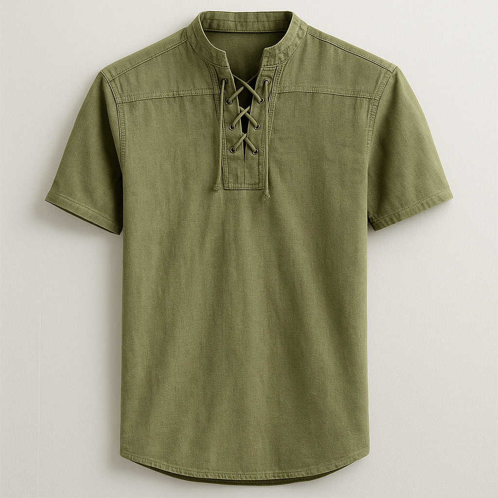 Comfortable men's relaxed fit henley shirt. Long sleeve design with a stylish lace-up band collar, ideal for casual fashion.