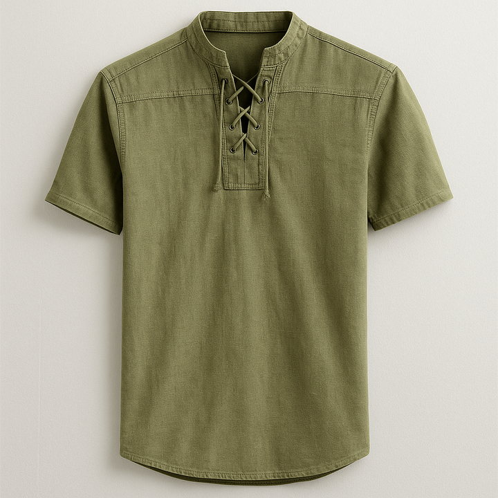 Comfortable men's relaxed fit henley shirt. Long sleeve design with a stylish lace-up band collar, ideal for casual fashion.