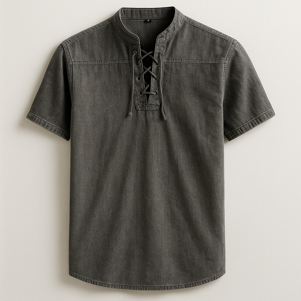 Close-up of a men's casual henley shirt, highlighting the relaxed fit, long sleeves, and detailed lace-up collar.