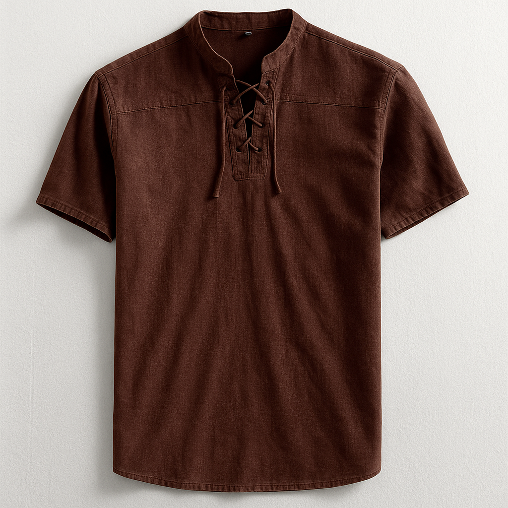 Versatile men's relaxed fit henley shirt. Long sleeve top with lace-up band collar, great for everyday casual style.