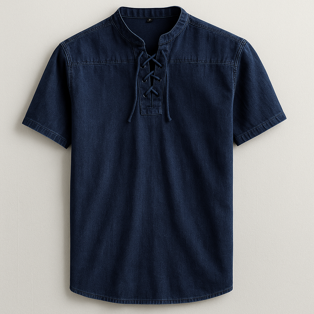 Modern men's long sleeve henley shirt. Relaxed fit design with a distinctive lace-up collar, suitable for casual fashion.