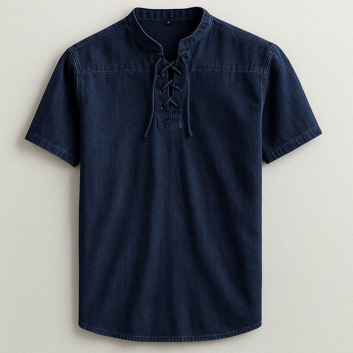 Modern men's long sleeve henley shirt. Relaxed fit design with a distinctive lace-up collar, suitable for casual fashion.