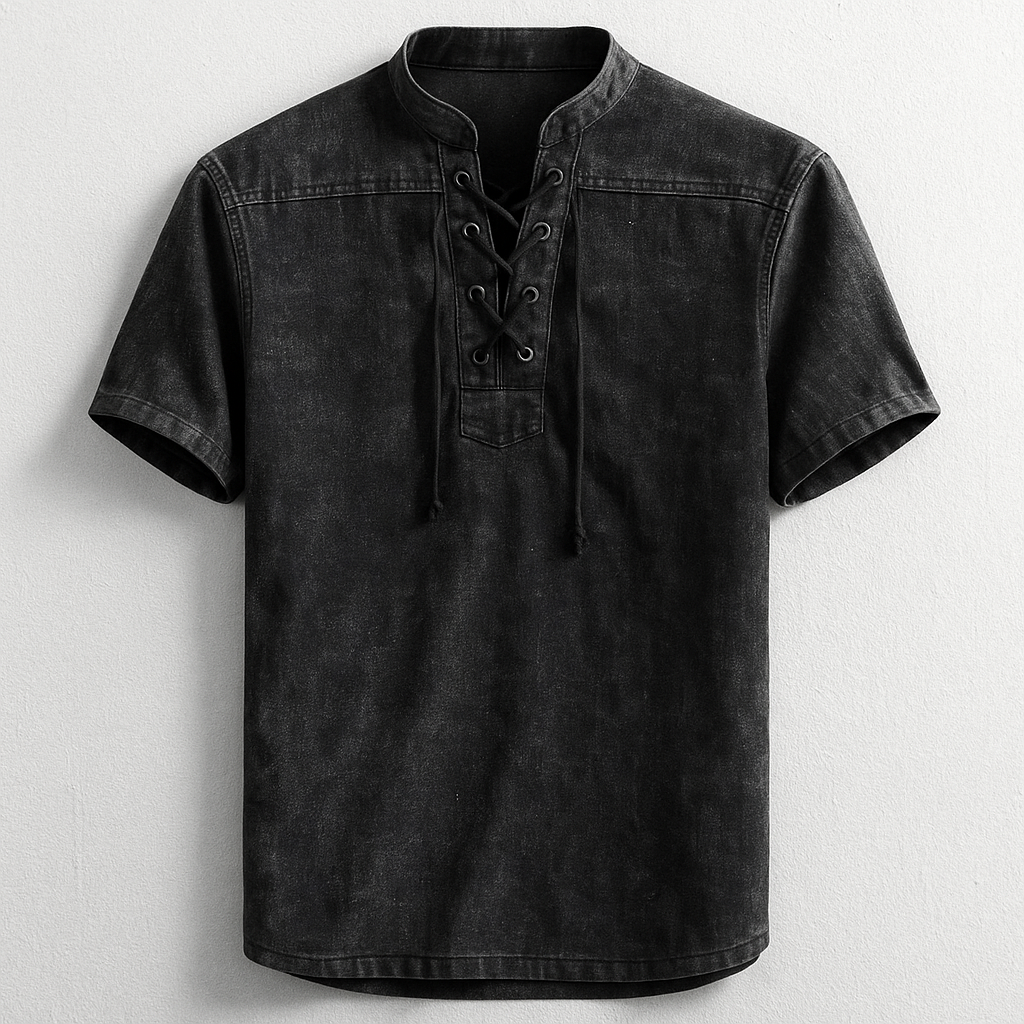 Essential men's henley shirt. Relaxed fit, long sleeve, comfortable, and casual with a stylish lace-up band collar.