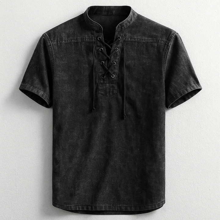 Essential men's henley shirt. Relaxed fit, long sleeve, comfortable, and casual with a stylish lace-up band collar.