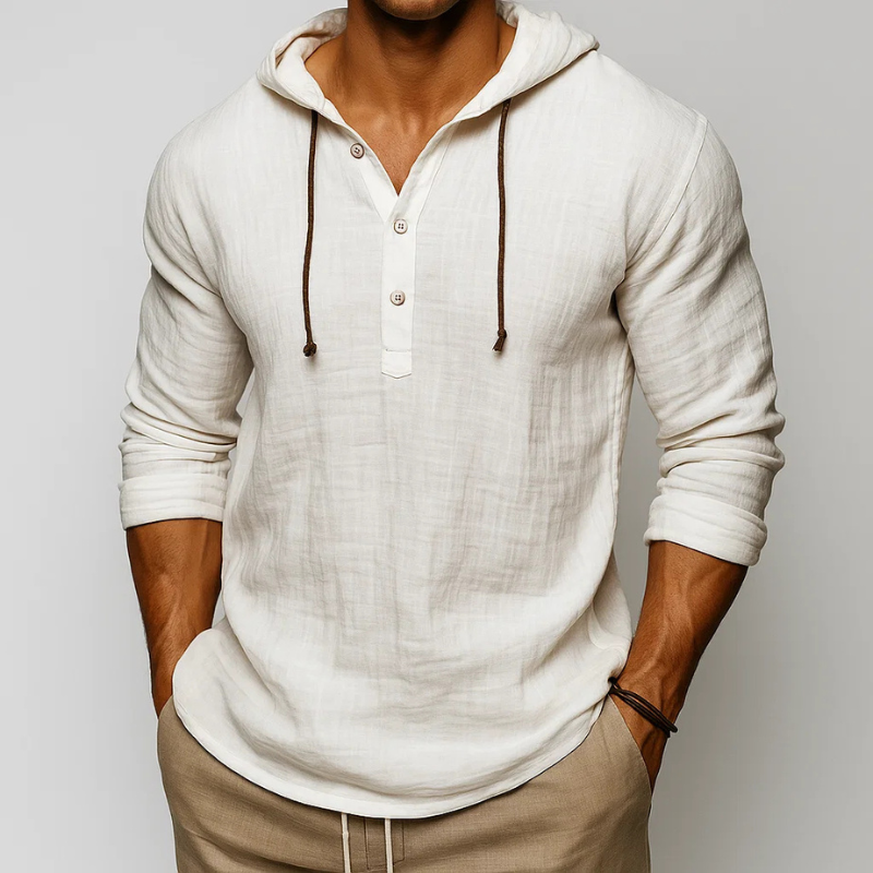 Relaxed fit men's hoodie shirt, a casual long-sleeve top suitable for comfortable spring and summer fashion.