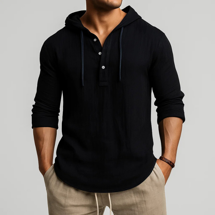 Stylish men's long-sleeve hooded shirt, perfect as a versatile relaxed fit casual top for any season.
