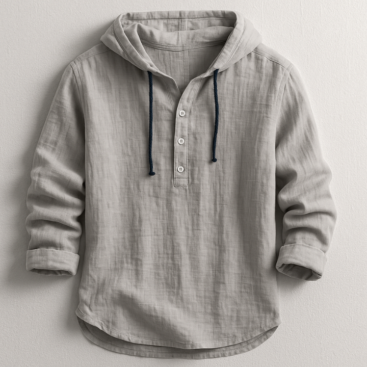 Comfortable men's long sleeve hoodie shirt, a versatile top for relaxed everyday fashion.