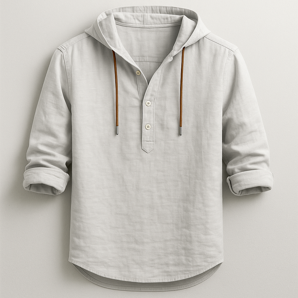 Versatile men's long sleeve hoodie shirt, relaxed fit. Perfect lightweight top for spring fashion & cool summer nights.