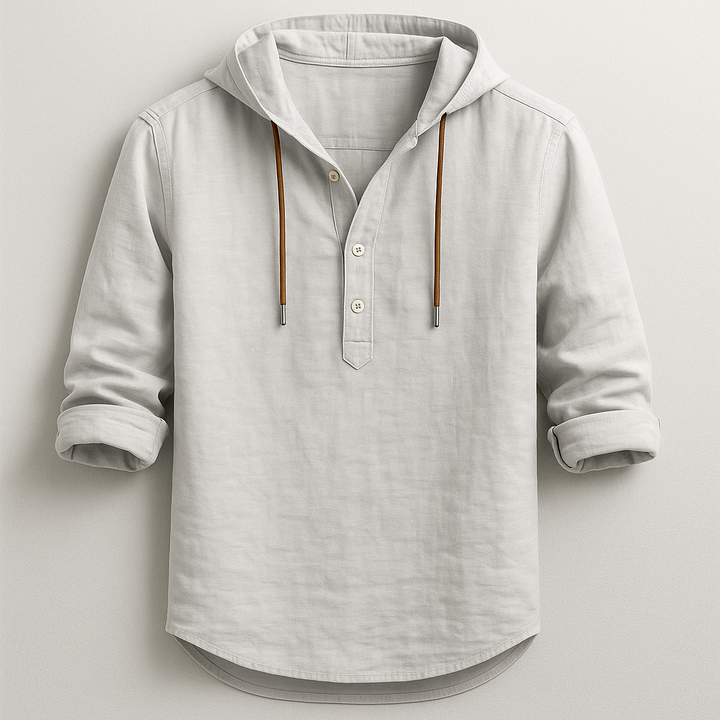 Versatile men's long sleeve hoodie shirt, relaxed fit. Perfect lightweight top for spring fashion & cool summer nights.
