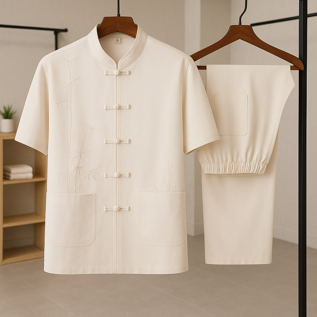 Stylish & comfortable men's relaxed fit loungewear set. Two-piece casual clothing with unique bamboo detail.