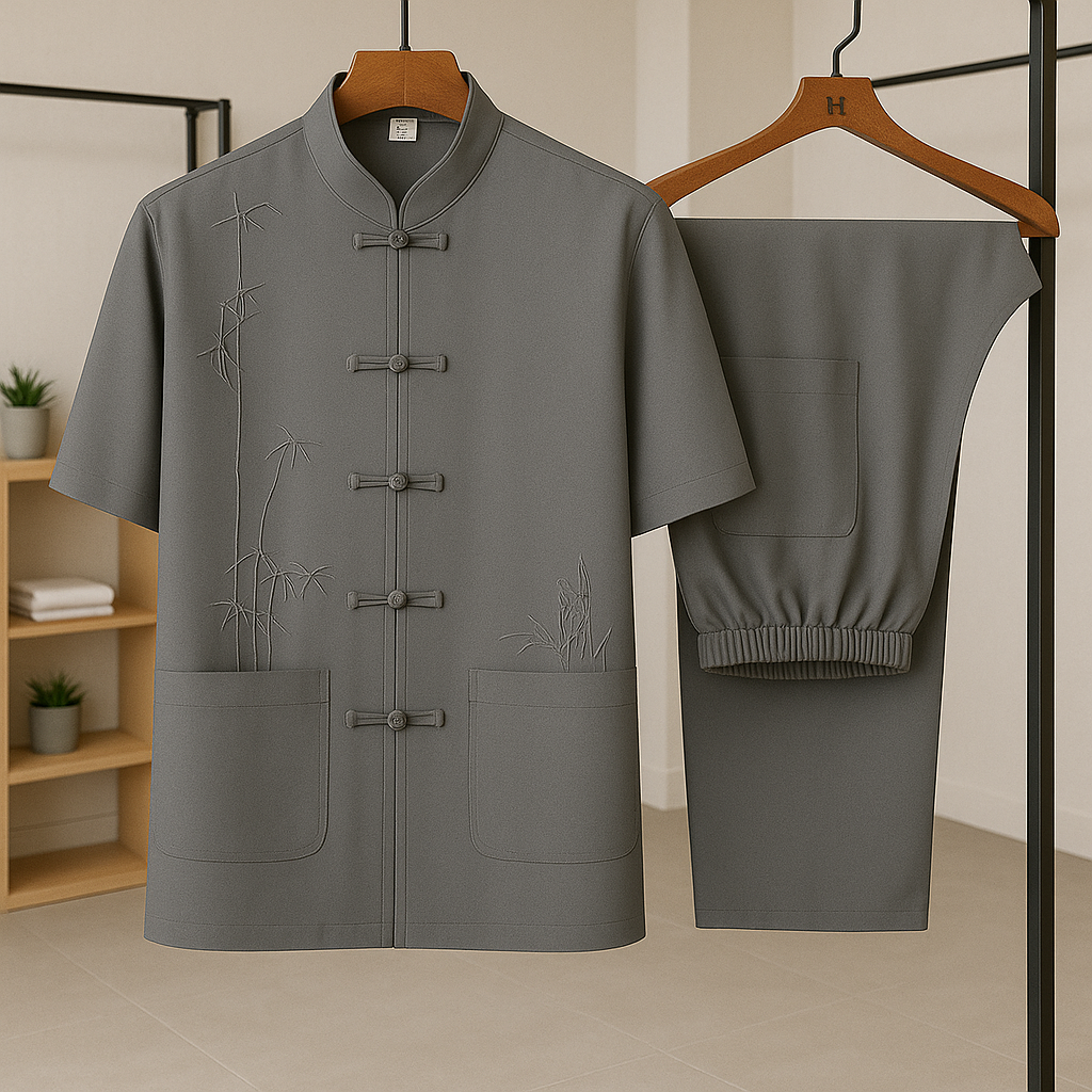 Men's summer leisure set, relaxed fit two-piece for ultimate comfort. Features subtle bamboo detail, ideal for casual wear.