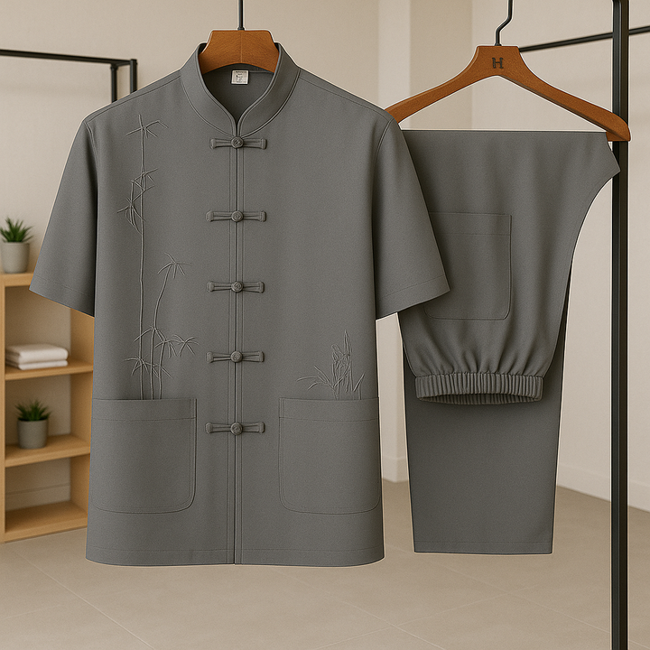 Men's summer leisure set, relaxed fit two-piece for ultimate comfort. Features subtle bamboo detail, ideal for casual wear.