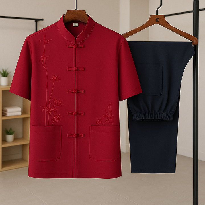 Men's relaxed fit casual leisure set, two-piece loungewear with unique bamboo embroidery. Ideal for spring/summer days.