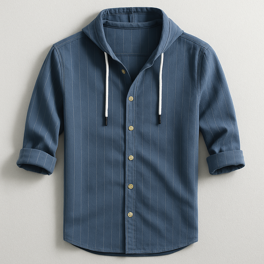 Relaxed fit men's hoodie shirt with drawstring hood. Stylish lightweight top for everyday casual wear.