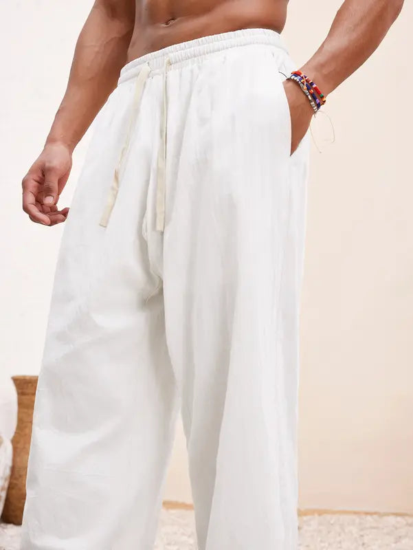 Stylish men's breathable linen blend summer trousers, wide leg design perfect for relaxed casual wear.