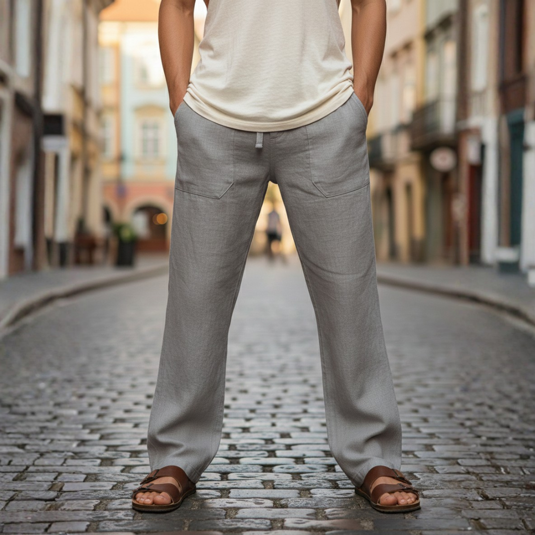 Men's relaxed fit linen drawstring trousers for summer casual wear.