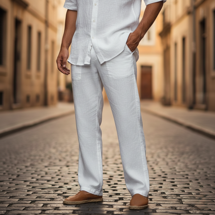 Versatile men's relaxed fit linen trousers, perfect for summer, beach, or casual outings.