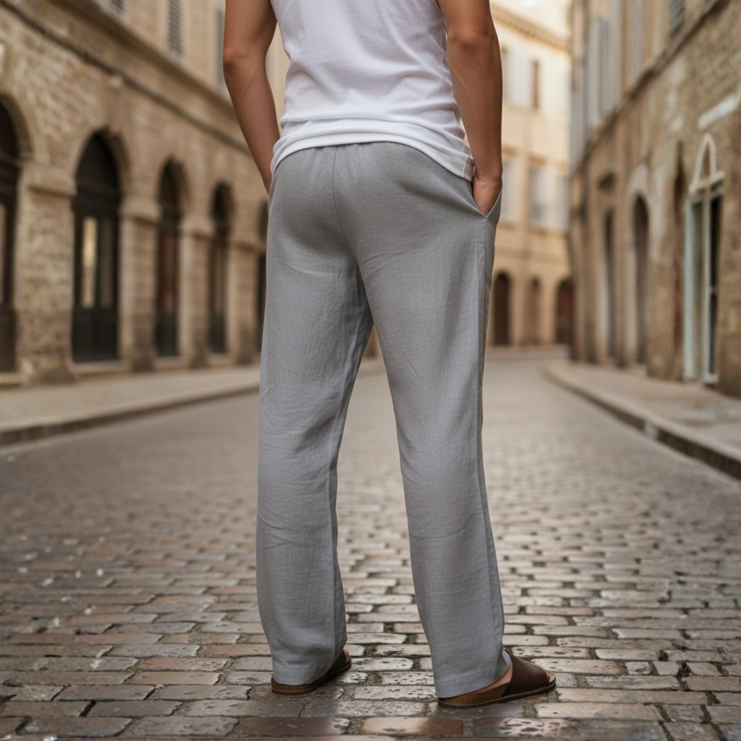 Lightweight men's linen pants with drawstring, perfect for beach or casual outfits.