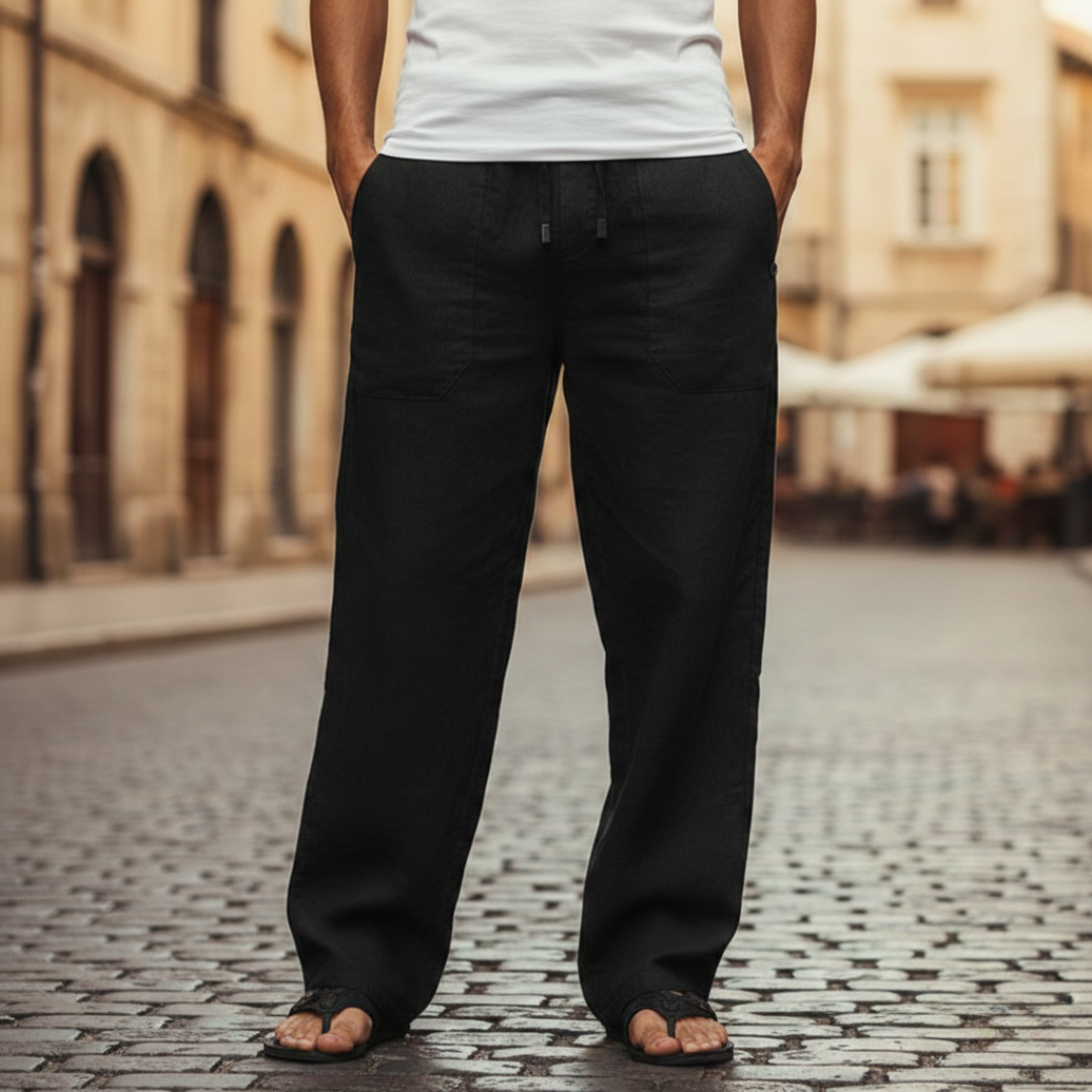 Men's casual linen drawstring pants in a relaxed fit, great for beach days.