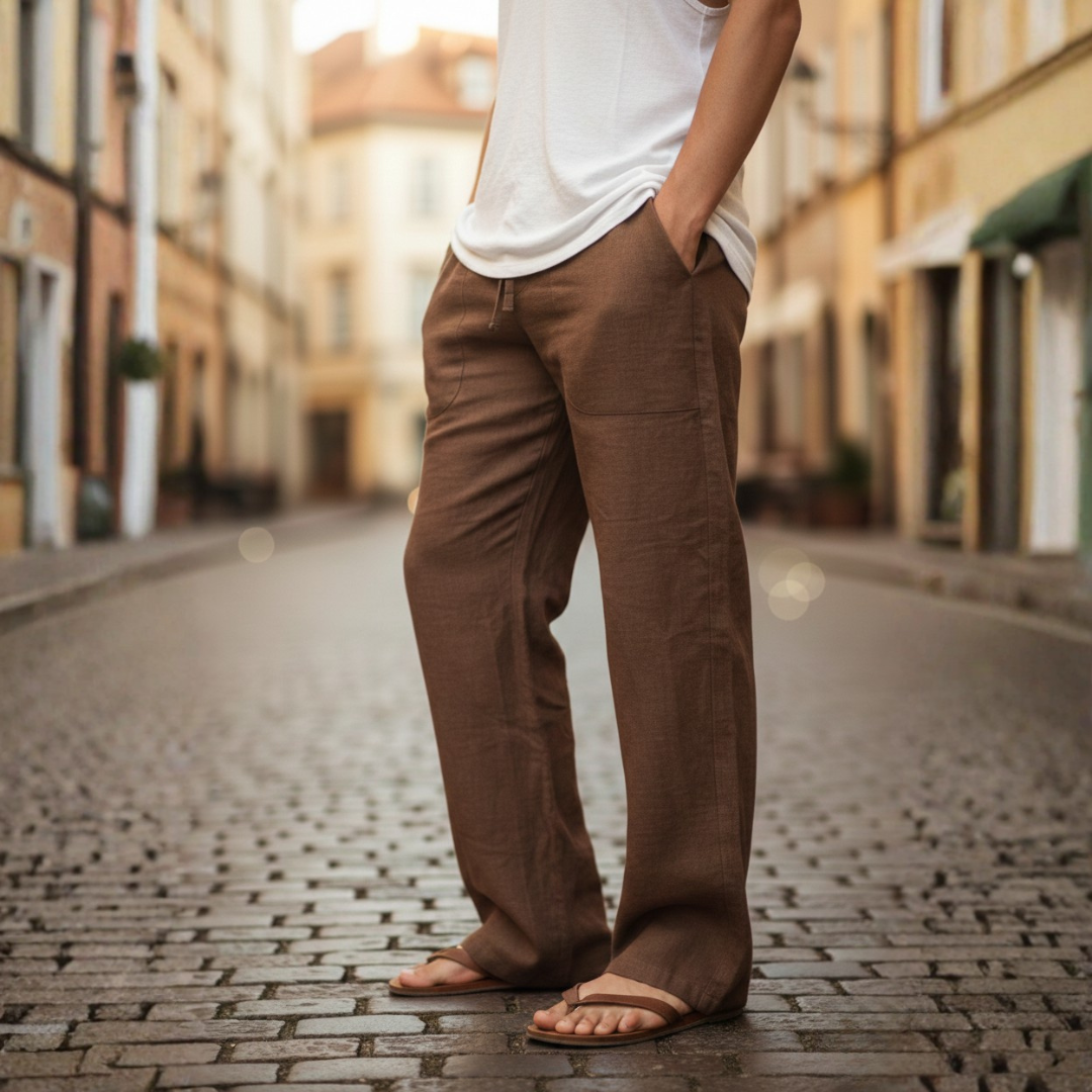 Comfortable men's relaxed fit linen trousers with a practical drawstring waist.
