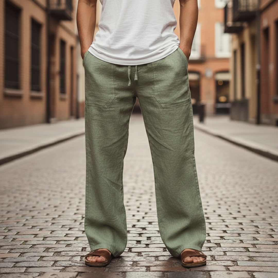 Summer-ready men's baggy linen pants, featuring a relaxed fit and drawstring closure.