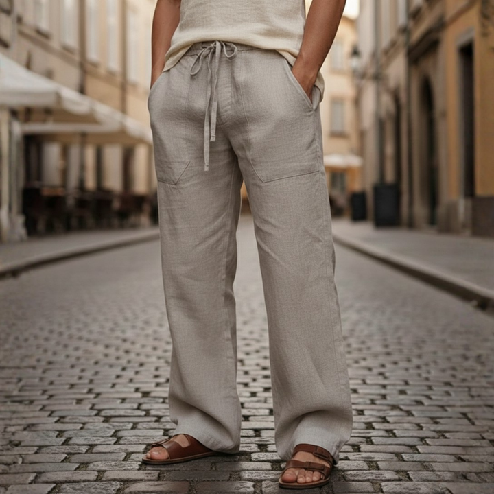 Men's fashion linen trousers: relaxed fit, drawstring waist, ideal for warm weather.